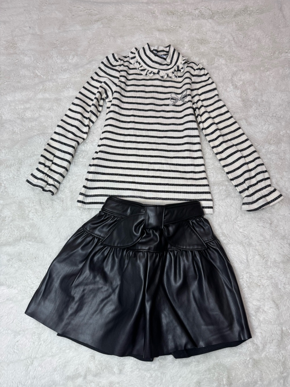 Girls Black & White Stripe Ruffle Mock Neck With Skirt